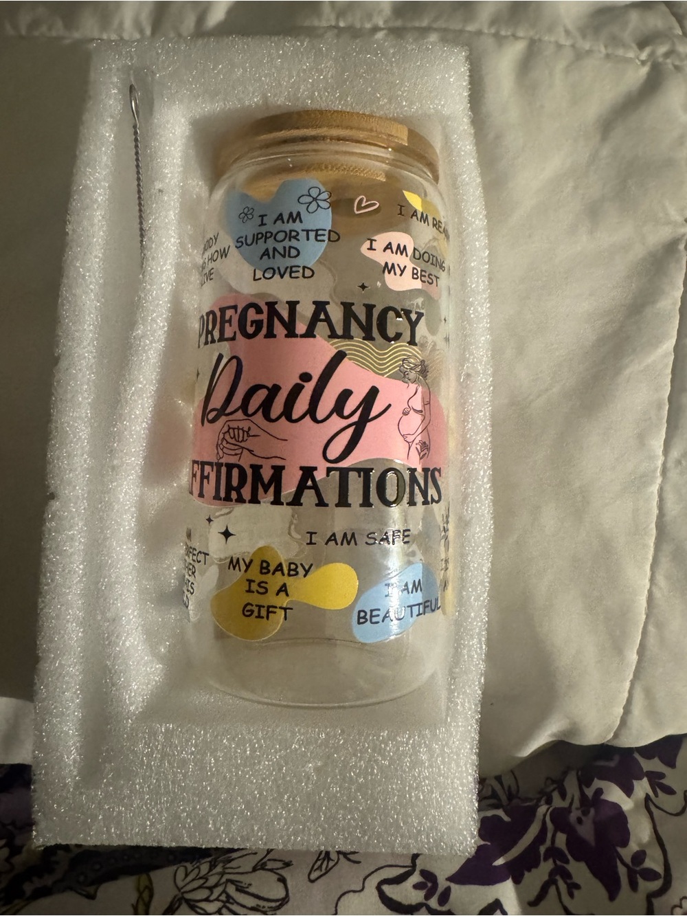Pregnancy Daily Affirmations Drink - Inspirational Glass Bottle with Straw